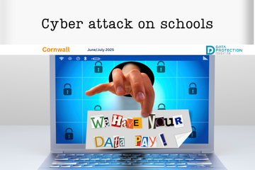 A digital illustration depicts a cyber attack on schools. The top section of the image has a white background with black text that reads